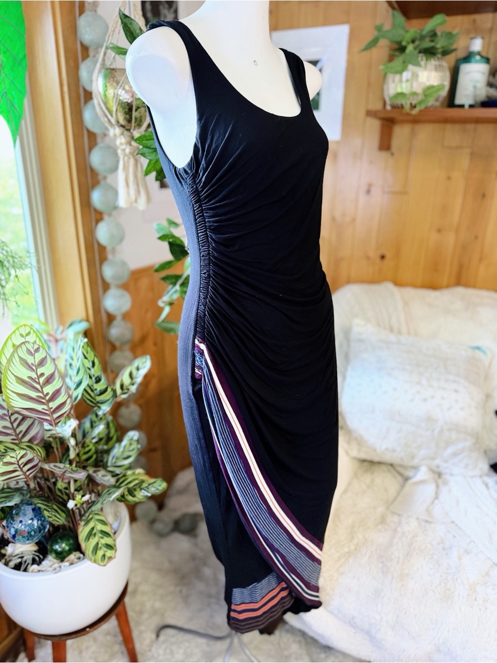 Bailey 44 Black Ruched Striped Panel Maxi Dress Medium Made in USA
